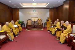 Chư vị Trưởng lão Hội đồng Chứng minh họp chuẩn y Hội đồng Thập sư Đại giới đàn Bửu Lai - Ảnh: Bảo Toàn/BGN