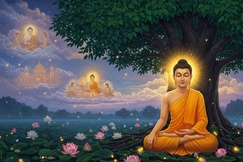 Bồ-tát hướng đến giác ngộ tối hậu bằng cách tuần tự nhập Sơ thiền, Nhị thiền, Tam thiền và Tứ thiền - Tranh Phật giáo nước ngoài