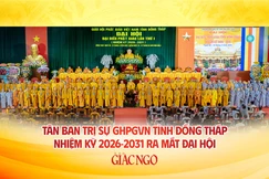 Thượng tọa Thích Tĩnh Triệt được tái suy cử Trưởng ban Trị sự GHPGVN tỉnh Đồng Tháp nhiệm kỳ 2026-2031 và các thành viên tân Ban Trị sự chính thức ra mắt đại hội tại phiên trọng thể sáng 10-4-2026 - Ảnh: Nguyện Truyền/BGN