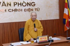 Trưởng lão Hòa thượng Thích Thiện Pháp chủ trì buổi họp sáng nay với đại diện 3 Ban Trị sự tỉnh, thành phố - Ảnh: Bảo Toàn/BGN