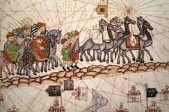 Hành trình trên Con đường tơ lua, tranh của Abraham Cresques (1325-1387), được minh họa trên giấy da, Paris, Pháp, 1375