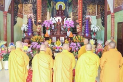 Trang nghiêm Lễ tưởng niệm Quốc sư Thích Phước Huệ và Trưởng lão Hòa thượng Thích Bảo An tại chùa Giác Uyển (P.Phú Nhuận, TP.HCM) - Ảnh: Nguyên Tài/BGN