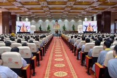 Đức Pháp chủ huấn thị hành giả tham dự Khóa tu Ngày an lạc lần thứ 1 - năm 2026 tại Cơ sở II - Học viện Phật giáo VN tại TP.HCM - Ảnh: Bảo Toàn/ BGN