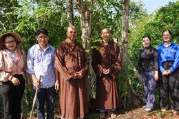 Chư Tăng và đại diện chính quyền xã Tân Nhuận Đông trồng hoa kiểng trên tuyến đường giao thông nông thôn vào khuôn viên chùa Hội Phước