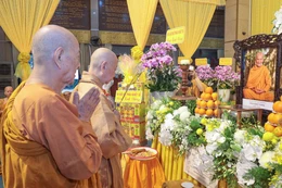 Đức Pháp chủ GHPGVN dâng hương tưởng niệm Trưởng lão Hòa thượng Thích Giác Tường tân viên tịch - Ảnh: Nguyên Tài/BGN
