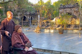 Thiền sư Thích Nhất Hạnh được các thị giả đưa dạo quanh chùa Từ Hiếu trong những ngày nắng đẹp - Ảnh: Làng Mai