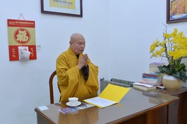 Trưởng lão Hòa thượng Thích Thiện Nhơn chủ trì phiên họp thứ hai của Ban Tổ chức Lễ tang Trưởng lão Hòa thượng Thích Hiển Tu - Ảnh: BGN