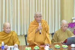 Hòa thượng Thích Giác Toàn phát biểu chỉ đạo tại phiên họp chuẩn bị Hội thảo "Trưởng lão Hòa thượng Thích Minh Châu: Tầm nhìn và sứ mệnh" chiều 20-8 - Ảnh: Quảng Đạo/BGN