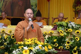 Thượng tọa Thích Đức Thiện phát biểu trong một hội nghị của Trung ương GHPGVN tại TP.HCM - Ảnh: Bảo Toàn/BGN