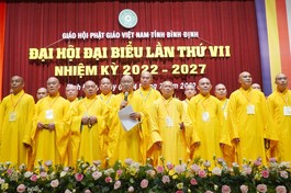 Hòa thượng Thích Nguyên Phước, tân Trưởng ban Trị sự GHPGVN tỉnh phát biểu nhận nhiệm vụ