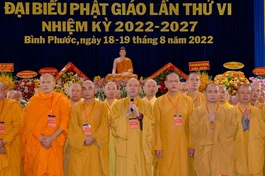 Tân Ban Trị sự Phật giáo tỉnh Bình Phước nhiệm kỳ 2022-2027 do Thượng tọa Thích Đức Thiện làm Trưởng ban phát biểu nhận nhiệm vụ