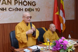 Hoà thượng Thích Thiện Nhơn, Chủ tịch Hội đồng Trị sự GHPGVN phát biểu khai mạc trong buổi họp trực tuyến giữa 2 Văn phòng T.Ư sáng 8-3-2023