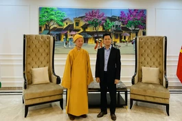 Đức Pháp chủ GHPGVN đến thăm Đại sứ quán Việt Nam tại Ấn Độ nhân ngài cùng phái đoàn tham dự Hội nghị Thượng đỉnh Phật giáo Toàn cầu năm 2023 tổ chức tại New Delhi (trong ảnh là Đức Pháp chủ GHPGVN với ông Đại sứ Nguyễn Thanh Hải).