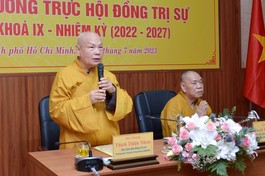 Hòa thượng Thích Thiện Nhơn, Chủ tịch Hội đồng Trị sự kiêm Trưởng ban Tăng sự T.Ư phát biểu khai mạc hội nghị sáng 7-7-2023 - Ảnh: BT/BGN