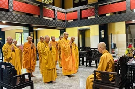 Thượng tọa Thích Quảng Lộc dẫn đầu phái đoàn Ban Thường trực Ban Trị sự GHPGVN tỉnh Tiền Giang trình bạch đến Đức Pháp chủ về Đại giới đàn Huệ Đăng - Ảnh: BGN