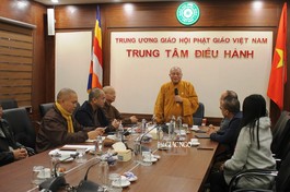 Hòa thượng Thích Gia Quang, Phó Chủ tịch Hội đồng Trị sự, Trưởng ban Thông tin - Truyền thông GHPGVN và các vị đại diện Văn phòng I tiếp, làm việc với lãnh đạo VTC tại chùa Quán Sứ, Hà Nội, chiều 27-2 - Ảnh: CMK/BGN