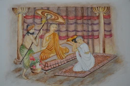 Trưởng lão Ni Sanghamittà và thứ phi Anula - Tranh của Mala Wijekoon