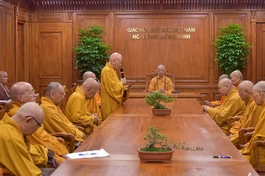 Quang cảnh phiên họp bất thường của Ban Thường trực Hội đồng Chứng minh GHPGVN ngày 4-4-2025 tại Văn phòng Đức Pháp chủ - Việt Nam Quốc Tự - Ảnh: Quảng Đạo/BGN