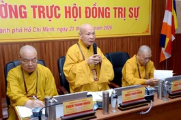Trưởng lão Hòa thượng Thích Thiện Nhơn phát biểu tại Hội nghị Ban Thường trực Hội đồng Trị sự - Ảnh: Bảo Toàn/BGN