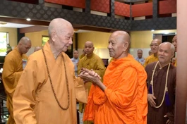 Đức Pháp chủ ân cần thăm hỏi Hòa thượng Đào Như, Trưởng ban Trị sự GHPGVN TP.Cần Thơ - Ảnh: Báo Giác Ngộ