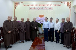 Phái đoàn Ban Thường trực Ban Trị sự GHPGVN TP.HCM tại Trụ sở Sở Dân tộc và Tôn giáo TP.HCM - Ảnh: Bảo Toàn/BGM