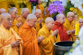 Chư tôn giáo phẩm Hội đồng Chứng minh, Hội đồng Trị sự GHPGVN dâng hương tưởng niệm Trưởng lão Hòa thượng Thích Từ Thông tân viên tịch - Ảnh: Tâm Quý/BGN