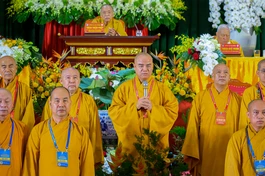 Tân Ban Trị sự GHPGVN tỉnh Đồng Tháp nhiệm kỳ 2026-2031 ra mắt và phát biểu nhận nhiệm vụ tại đại hội - Ảnh: Tâm Quý/BGN