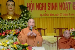 Hòa thượng Thích Thiện Nhơn tại hội nghị sinh hoạt Giáo hội vào tháng 4-2021 - Ảnh: Bảo Toàn/BGN