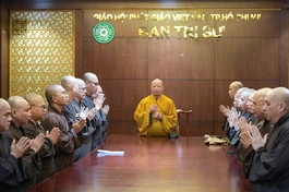 Hòa thượng Thích Lệ Trang phân công một số việc đến Ban Nghi lễ TP.HCM liên quan chuẩn bị cho Đại lễ Vesak Liên Hiệp Quốc - Ảnh: H.Giang