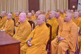 Chư tôn đức Ban Trị sự TP.Thủ Đức và 21 quận huyện TP.HCM tại buổi họp tri ân do Ban Thường trực Ban Trị sự TP.HCM tổ chức ngày 24-6-2025 - Ảnh: Quảng Đạo/BGN