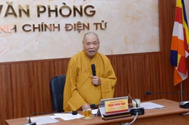 Trưởng lão Hòa thượng Thích Thiện Pháp chủ trì buổi họp sáng nay với đại diện 3 Ban Trị sự tỉnh, thành phố - Ảnh: Bảo Toàn/BGN