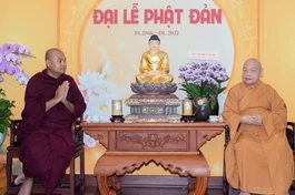 Thượng tọa Dhammapiya vấn an sức khỏe đến Hòa thượng Thích Thiện Nhơn - Ảnh: Đăng Huy