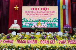 Hội trường diễn ra Đại hội đại biểu Phật giáo tỉnh Bình Thuận lần thứ IX, nhiệm kỳ 2022-2027