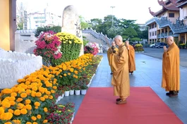 Đức Pháp chủ GHPGVN và Hòa thượng Thích Lệ Trang dâng hương trước tháp Đa Bảo tại Việt Nam Quốc Tự trong ngày cuối năm Ất Tỵ - Ảnh: Bảo Toàn/BGN