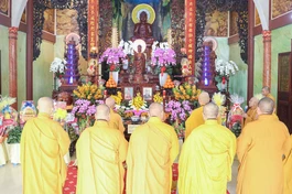 Trang nghiêm Lễ tưởng niệm Quốc sư Thích Phước Huệ và Trưởng lão Hòa thượng Thích Bảo An tại chùa Giác Uyển (P.Phú Nhuận, TP.HCM) - Ảnh: Nguyên Tài/BGN