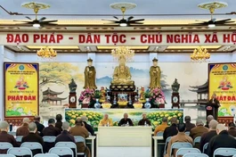 Quang cảnh phiên họp định kỳ hàng tháng của Ban Thường trực Ban Trị sự GHPGVN tỉnh Ninh Bình, tại Văn phòng Đại diện - chùa Hòa Lạc (P.Hà Nam), vào ngày 12-6
