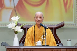 Đại lão Hòa thượng Thích Trí Quảng, Pháp chủ GHPGVN khai thị trong khóa tu Ngày an lạc kỳ 2 ở Học viện Phật giáo VN tại TP.HCM - Ảnh: Bảo Toàn/BGN