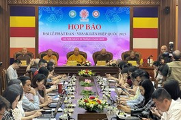 Buổi họp báo công bố thông tin chính thức về Đại lễ Vesak Liên Hiệp Quốc 2025, chiều 22-4, tại chùa Quán Sứ (Hà Nội) - Ảnh: Sơn Hào