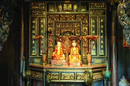 Tôn tượng Thiền sư Tuệ Tĩnh làm bằng gỗ mít, sơn son thếp vàng, được trưng bày tại Bảo tàng Y học cổ truyền Việt Nam (TP.HCM)