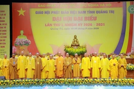 Hòa thượng Thích Tánh Nhiếp thay mặt tân Ban Trị sự GHPGVN tỉnh Quảng Trị, nhiệm kỳ 2026-2031 phát biểu nhận nhiệm vụ trước đại hội