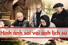 Hòa thượng Thích Từ Hạnh (đứng sau, bên trái) bị thay đổi với mái tóc muối tiêu; Hòa thượng Thích Thanh Tứ (đứng bên phải ngoài cùng) bị biến thành một người khác hoàn toàn, đầu đội mũ nồi thời trang, tóc dài..., các chi tiết không gian lịch sử bị đổi, thêm tùy tiện - (trích ảnh bạn đọc sưu tầm gửi tòa soạn)