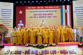 Tân Ban Trị sự GHPGVN tỉnh Hà Tĩnh, nhiệm kỳ 2026-2031 ra mắt và phát biểu nhận nhiệm vụ tại đại hội - Ảnh: Quảng Hậu/BGN