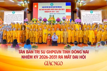 Thượng tọa Thích Huệ Khai được tái suy cử Trưởng ban Trị sự GHPGVN tỉnh Đồng Nai nhiệm kỳ 2026-2031 chính thức ra mắt đại hội tại phiên trọng thể sáng 8-4-2026 - Ảnh: Nguyện Truyền/BGN