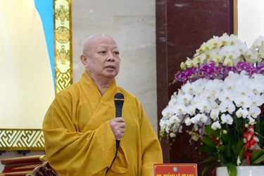 Hòa thượng Thích Lệ Trang chủ trì buổi họp triển khai công tác chuẩn bị tổ chức Đại hội - Ảnh/Bảo Toàn/BGN