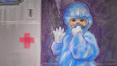 Hình ảnh của cháu bé 5 tuổi không may nhiễm SARS CoV-2 hồn nhiên và mạnh mẽ mang lại tinh thần mới với thông điệp "Đừng quá lo âu, sợ hãi" (trích ký họa của Lê Sa Long)