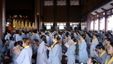 Lễ quy y Tam bảo tại chánh điện chùa Huê Nghiêm, sáng 8-6-2025 