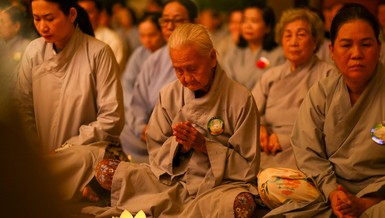 Trong không gian thiêng liêng của đêm hoa đăng, hình ảnh cụ già tuổi ngoài 80 chắp tay hướng nguyện đã khơi dậy xúc cảm lắng đọng về đạo hiếu và lòng tri ân của người con Phật
