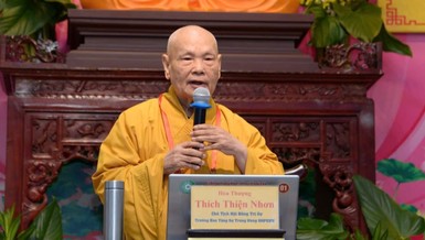 Trưởng lão Hòa thượng Thích Thiện Nhơn phát biểu chỉ đạo, đúc kết hội nghị - Ảnh: B.Toàn/BGN