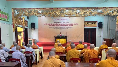 Chư Tăng Ni hành giả an cư trên địa bàn Q.6 lắng nghe thời pháp thoại của Trưởng lão Hòa thượng Viên Minh