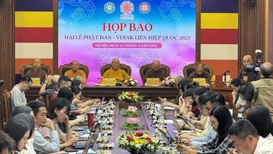Buổi họp báo công bố thông tin chính thức về Đại lễ Vesak Liên Hiệp Quốc 2025, chiều 22-4, tại chùa Quán Sứ (Hà Nội) - Ảnh: Sơn Hào